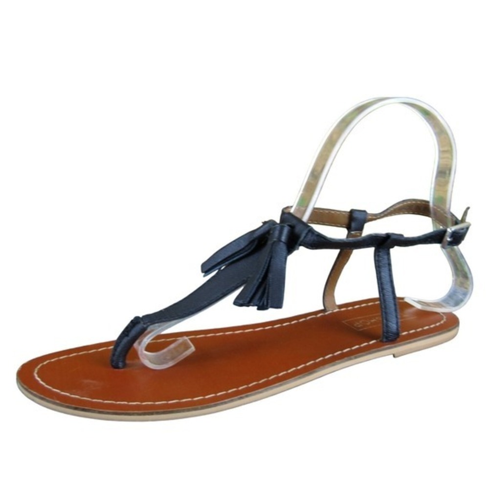 Topshop Women's Black Tassel Flat Sandals Adjustable Strap Leather‎ Size 37